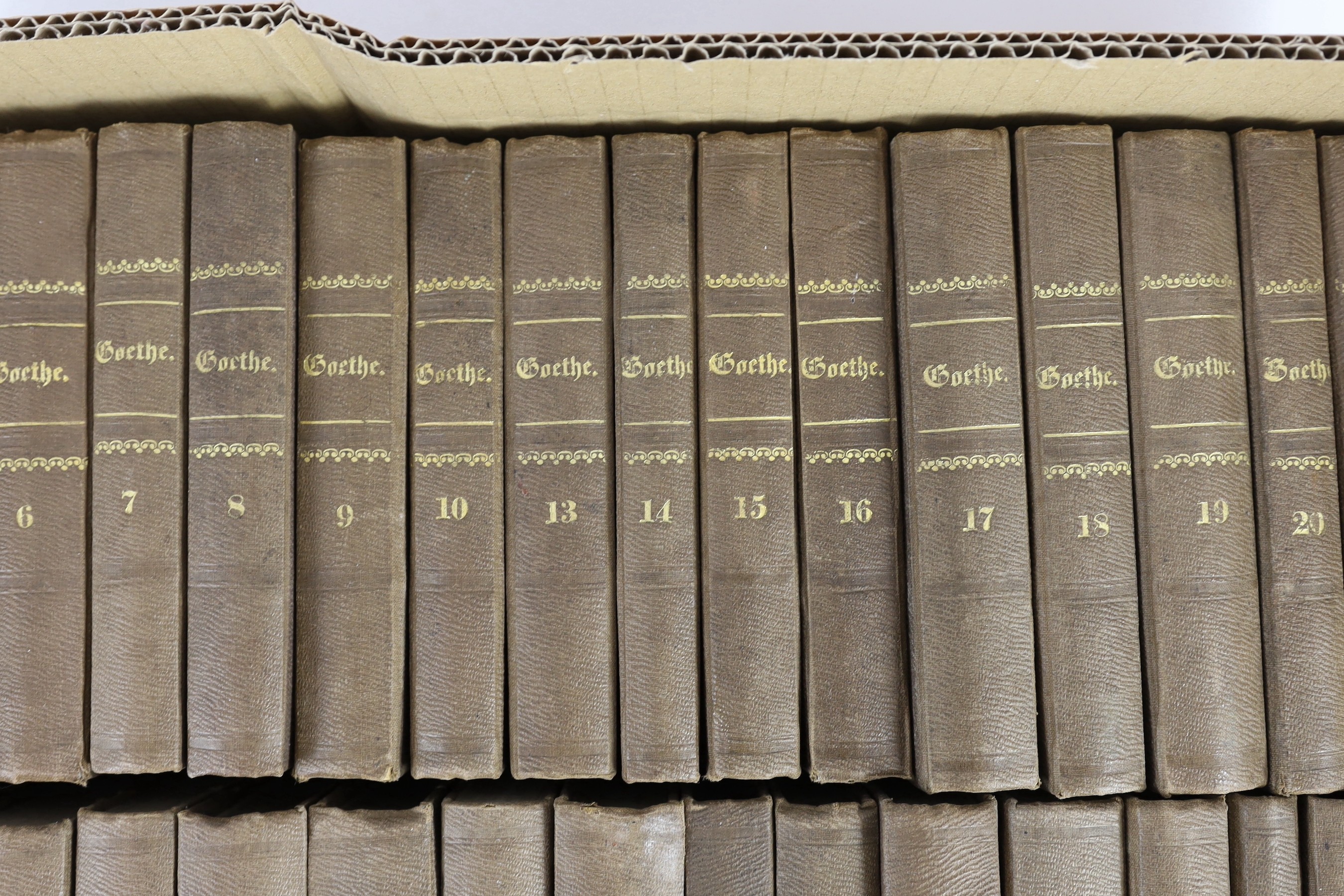 Goethe, Johanna Wolfgang - The Works in German, 35 vols (of 40), 12mo, half cloth, gilt embossed spines, Cotta’scher Verlag, Stuttgart and Augsburg, 1855